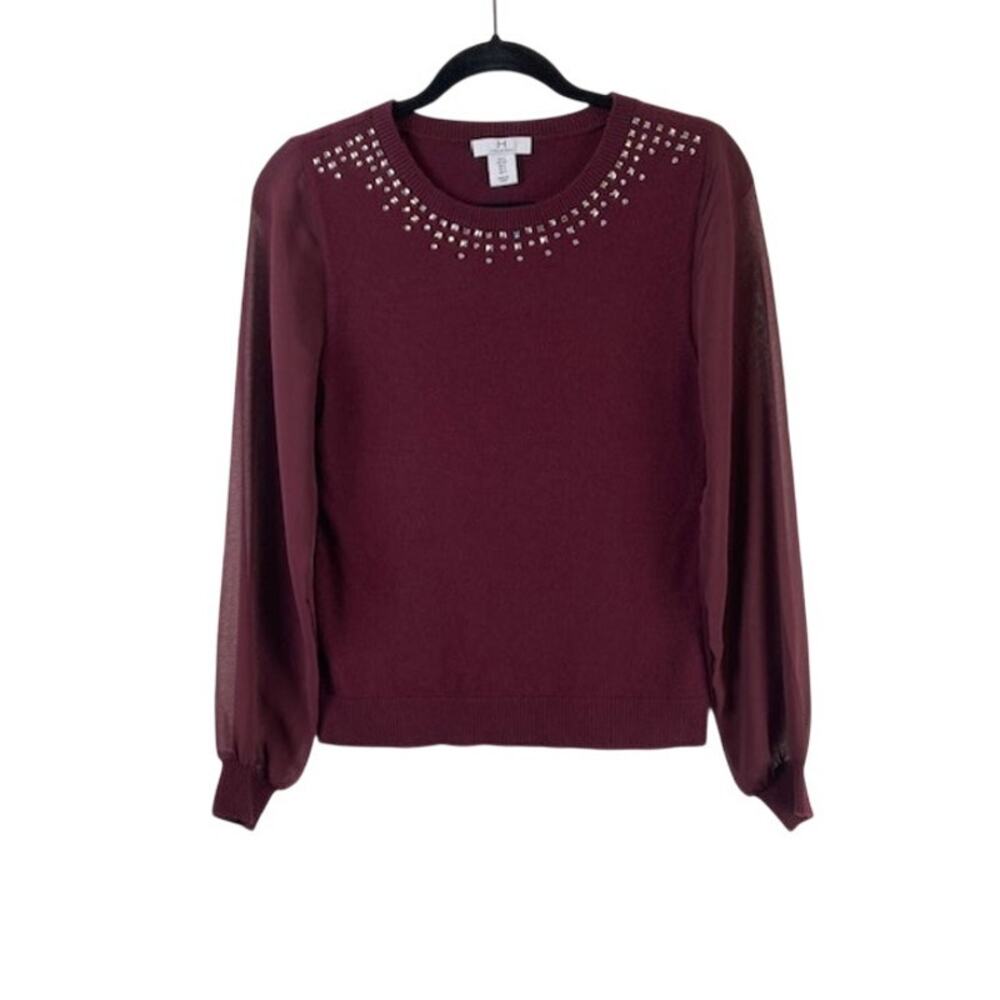 H by Halston women's burgundy crewneck pullover sweater.